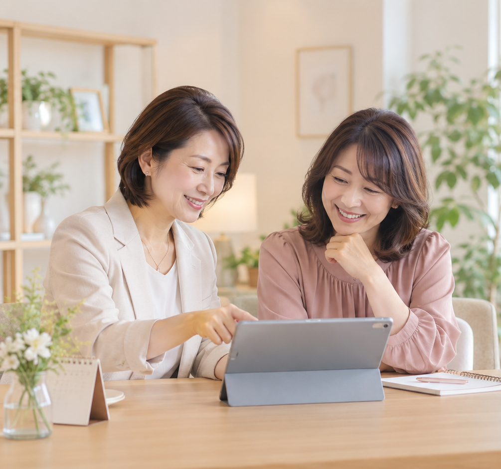 タブレットを一緒に見ながら、出会いについて相談する場面のイメージ